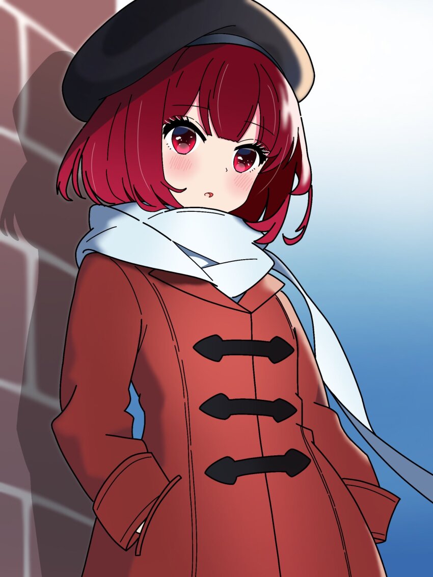 1girl arima_kana beret black_hat blush bob_cut bokutaaaa hat highres inverted_bob jacket looking_at_viewer oshi_no_ko red_eyes red_hair scarf solo