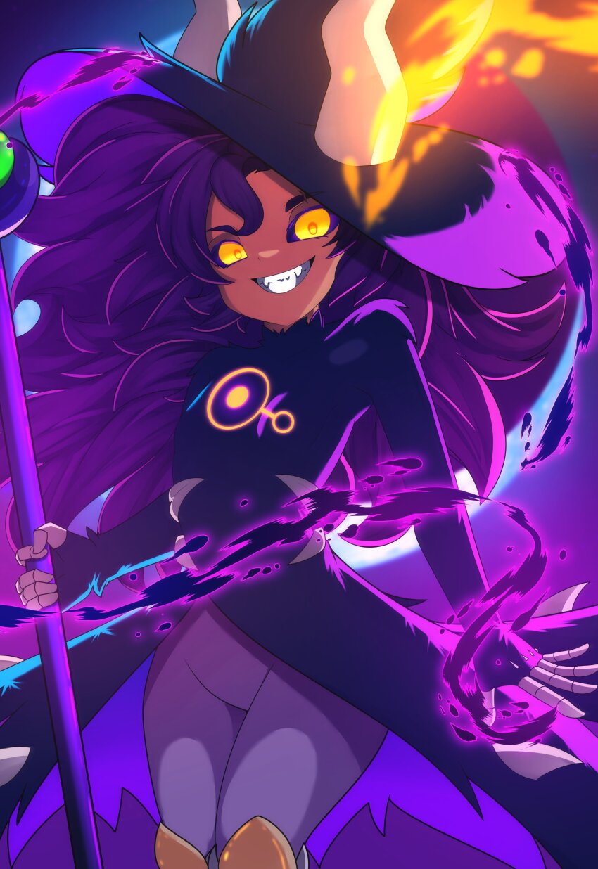 1girl absurdres black_sclera colored_sclera dark-skinned_female dark_skin eyebrow_cut glowing_leaves hat highres holding holding_staff horns horns_through_headwear horns_through_hood luz_noceda luz_noceda_(titan) magic night night_sky outdoors purple_hair sharp_teeth shion_(shion_aster) sky smile solo staff stringbean_(the_owl_house) teeth the_owl_house yellow_eyes