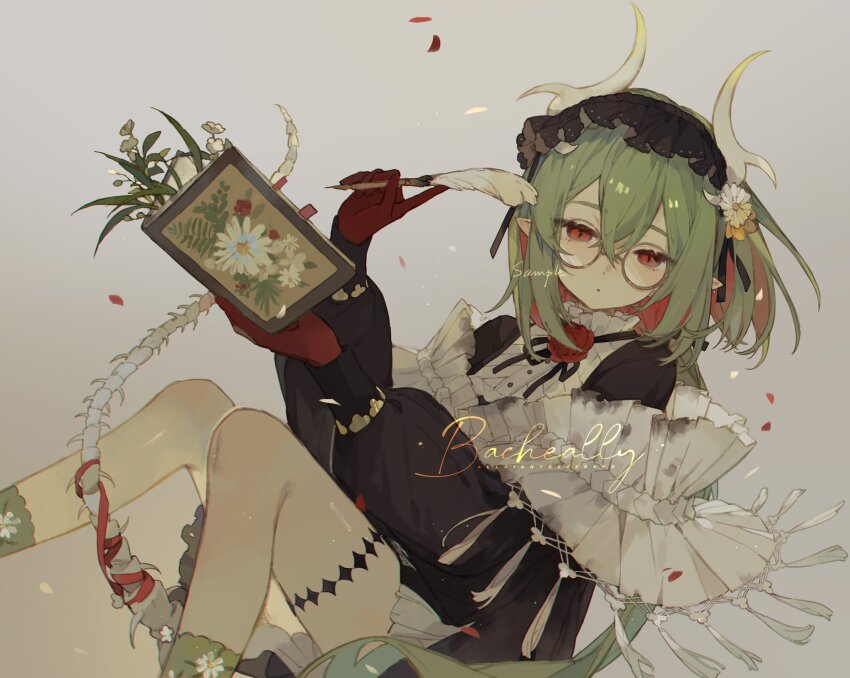 1girl bacheally blade_of_grass bone_horns bone_tail book collar collared_shirt commission dress feet_out_of_frame flower frilled_collar frilled_skirt frills glasses gloves grass green_hair green_socks hair_between_eyes hair_flower hair_ornament hairband hands_up highres holding holding_quill horns leaning_back long_sleeves looking_at_viewer multicolored_hair necktie open_book original petals pointy_ears puffy_sleeves quill red_eyes red_gloves red_hair rose round_eyewear shirt simple_background sitting skirt socks solo tail thigh_strap white_background white_flower