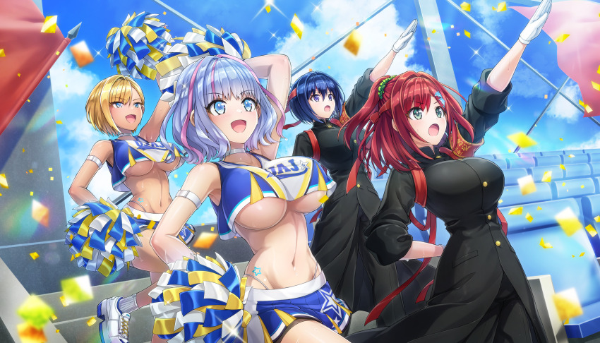 4girls armband blonde_hair blue_eyes blue_hair blue_sky breasts cheerleader cloud confetti dark-skinned_female dark_skin dolphin_hair_ornament dolphin_wave game_cg green_eyes headband highres kukuri_tomo large_breasts multiple_girls murahaya_mashio navel non-web_source official_art ootomo_takuji open_mouth pom_pom_(cheerleading) ponytail purple_eyes red_hair sakimiya_iruka short_hair sky tojou_michiru underboob
