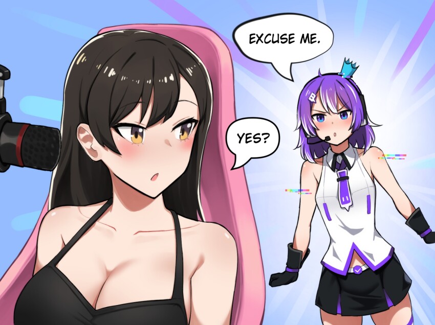 2girls :o breasts brown_eyes brown_hair cleavage collarbone comic crown english_text headphones highres kion-kun large_breasts looking_back merryweather microphone mini_crown multiple_girls necktie original purple_eyes purple_hair purple_necktie shirt short_hair sitting skirt sleeveless sleeveless_shirt speech_bubble standing twitch twitch-chan_(merryweather) twitch.tv twitch_logo