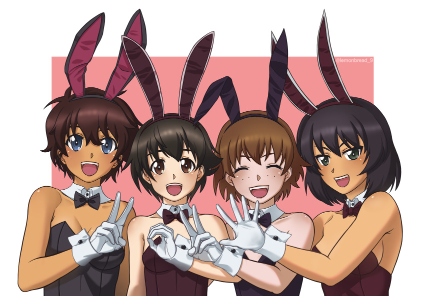 4girls absurdres animal_ears black_hair black_leotard bow bowtie breasts brown_eyes brown_leotard circle_hands closed_eyes dark-skinned_female dark_skin detached_collar girls_und_panzer gloves grey_eyes highres hoshino_(girls_und_panzer) leotard looking_at_viewer medium_breasts multiple_girls nakajima_(girls_und_panzer) open_hand open_mouth playboy_bunny rabbit_ears redpillow091 revision short_hair small_breasts smile strapless strapless_leotard suzuki_(girls_und_panzer) teeth tsuchiya_(girls_und_panzer) upper_body upper_teeth_only v white_gloves wrist_cuffs