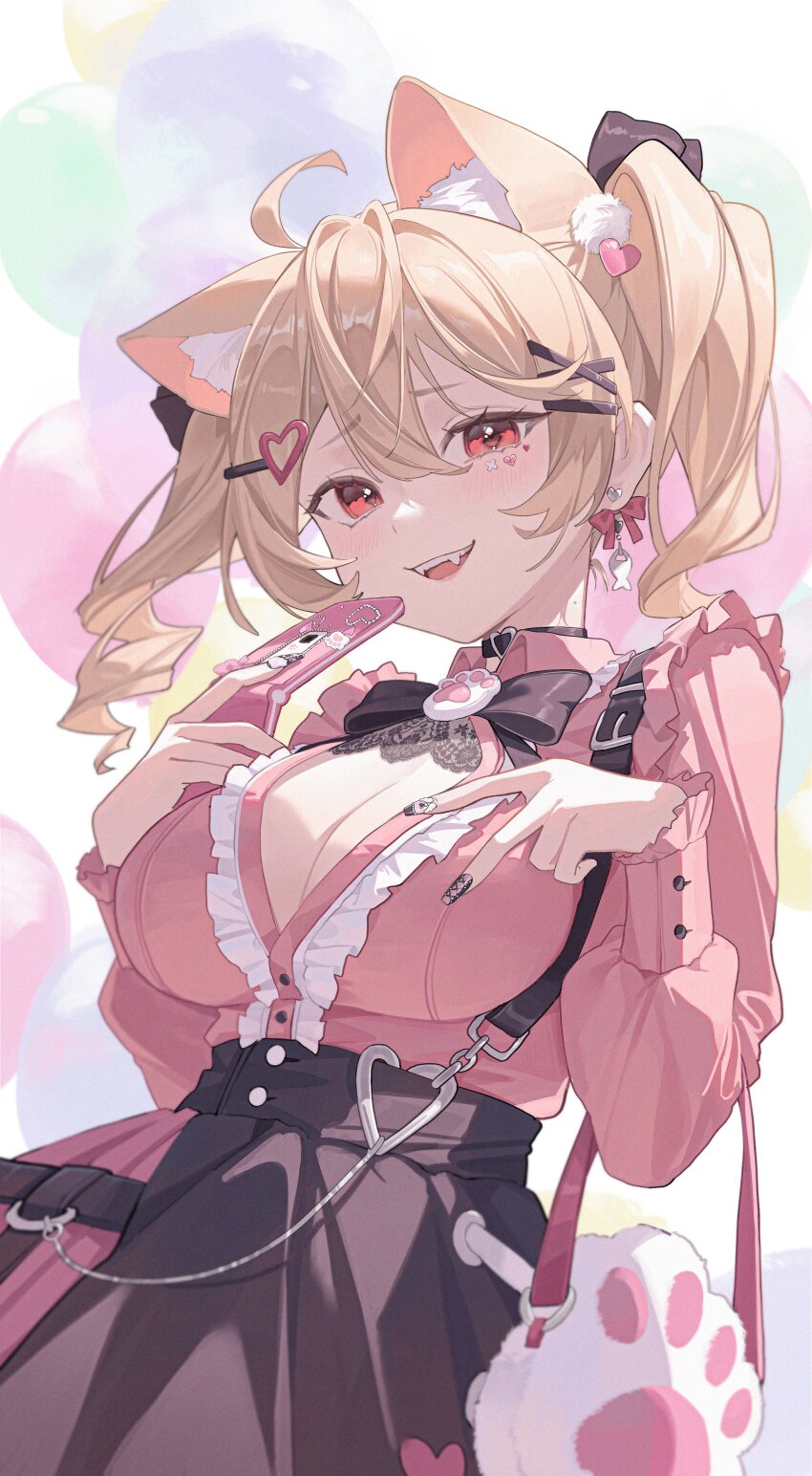 1girl :d absurdres ahoge animal_ear_fluff animal_ears animal_hands black_bow black_bowtie black_skirt blonde_hair bow bowtie breasts buckle cellphone cleavage commentary cowboy_shot double-parted_bangs earrings fangs fish_earrings flip_phone frilled_sleeves frills hair_between_eyes hair_ornament heart heart_hair_ornament highres holding holding_phone large_breasts long_bangs long_sleeves looking_at_viewer midori_fufu open_mouth original phone pink_nails pink_skirt red_eyes short_hair short_twintails skirt smile solo symbol-only_commentary teeth twintails upper_teeth_only v v_over_breast x_hair_ornament
