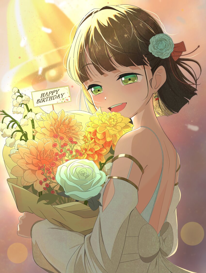 1girl absurdres alternate_costume back backless_dress backless_outfit bell black_hair blue_flower blue_rose blunt_bangs blunt_ends blurry bokeh bouquet cherry_earrings commentary_request depth_of_field dress earrings flower flower_request food-themed_earrings food_themed_earrings green_eyes hair_flower hair_ornament happy_birthday happy_tears highres holding holding_bouquet jewelry link!_like!_love_live! love_live! momose_ginko morio_(mmorio_mu) rose short_hair solo tears upper_body virtual_youtuber