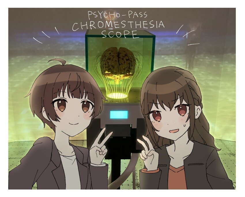 2girls :d ahoge black_jacket border brain brown_eyes closed_mouth collarbone commentary_request copyright_name english_text fake_photograph grey_shirt highres jacket kahuka25 medium_hair multiple_girls open_mouth photo_background portrait psycho-pass red_eyes red_shirt shimotsuki_mika shirt short_hair small_sweatdrop smile tsunemori_akane v white_border