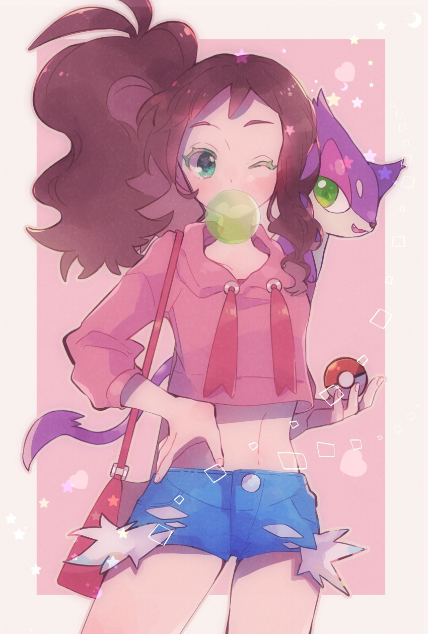 1girl antenna_hair bag blowing_bubble_gum blowing_bubbles blue_shorts blush border brown_hair chewing_gum commentary_request eyelashes gen_5_pokemon green_eyes hand_on_own_hip highres hilda_(pokemon) holding holding_poke_ball misha_(ohds101) nintendo on_shoulder outside_border poke_ball poke_ball_(basic) pokemon pokemon_(creature) pokemon_bw pokemon_on_shoulder ponytail purrloin shorts sidelocks star_(symbol) white_border