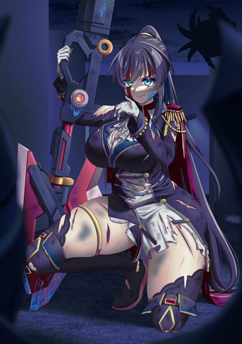 1girl absurdres aqua_eyes arm_up ascot assault_lily black_boots black_dress black_thighhighs blood blood_on_clothes blood_on_face blood_on_leg blood_on_shoulder bloody_weapon blue_blood blurry blurry_foreground boots breasts brown_hair bruise bruise_on_leg cape closed_mouth commentary_request cuts dirty dirty_clothes dirty_face dress epaulettes full_body gloves hair_ornament hand_up high_ponytail highres holding holding_polearm holding_weapon injury jewelry large_breasts layered_dress long_hair long_sleeves looking_at_viewer mikan_(pozimikan) monster night official_alternate_costume on_one_knee outdoors pink_cape planted polearm ponytail serizawa_chikaru silhouette solo thigh_boots thighhighs thighhighs_under_boots thighlet torn_ascot torn_cape torn_clothes torn_dress torn_gloves torn_sleeves two-tone_dress v-shaped_eyebrows very_long_hair weapon white_ascot white_dress white_gloves