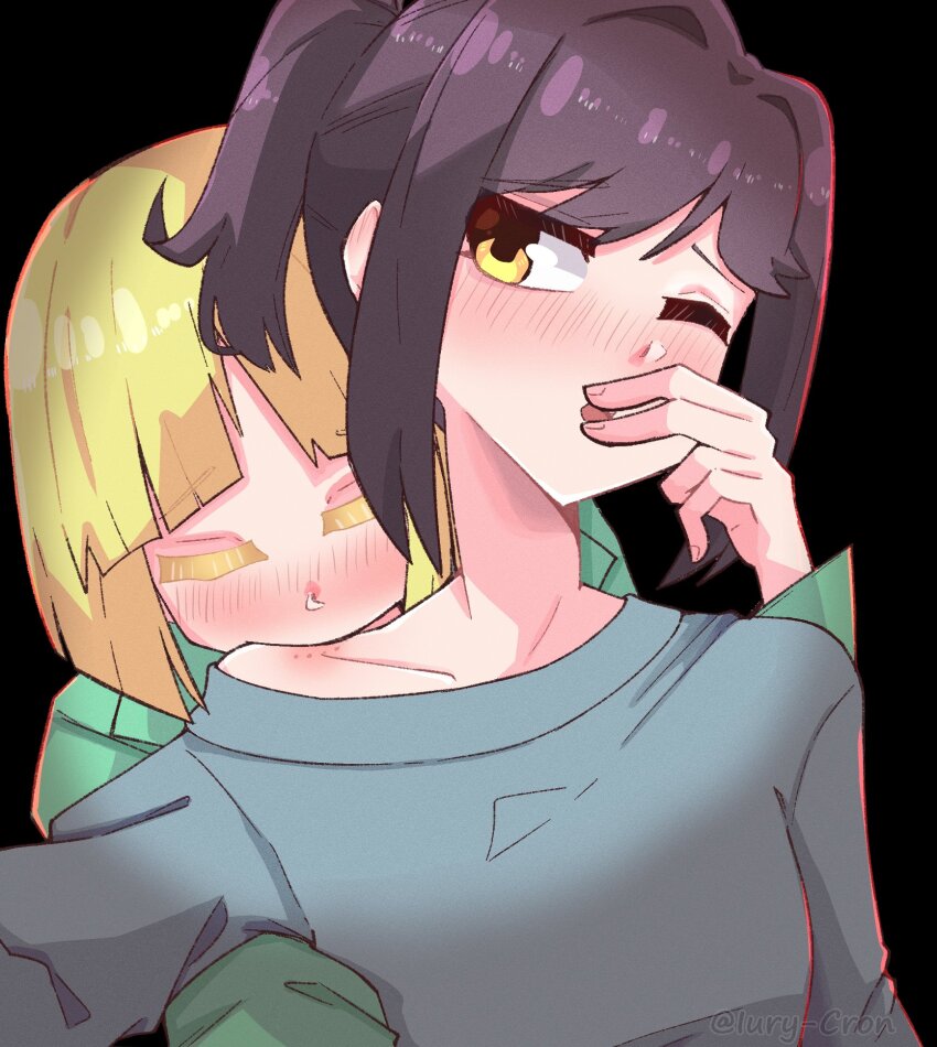 2girls bite_mark biting_shoulder black_background black_hair blonde_hair blush bob_cut closed_eyes highres hiiragi_utena&#039;s_mother long_hair mahou_shoujo_ni_akogarete mature_female morino_korisu&#039;s_mother multiple_girls one_eye_closed ponytail shirt simple_background yellow_eyes yuri zombice