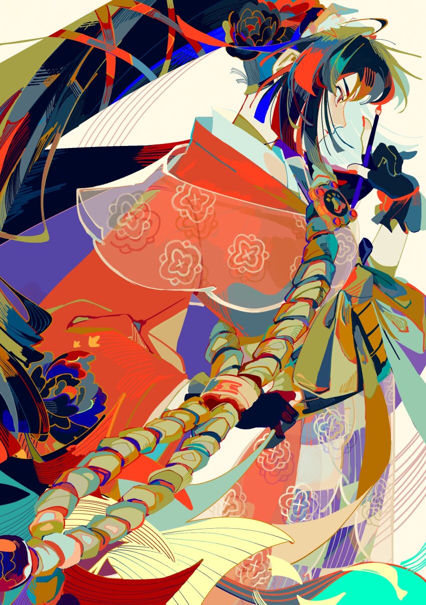 1girl absurdres animal_ears black_hair calligraphy_brush dog_ears epaya_hakase fake_animal_ears fate/grand_order fate_(series) flower gloves hair_flower hair_ornament highres japanese_clothes kimono kyokutei_bakin_(fate) long_hair paintbrush partially_fingerless_gloves ponytail profile red_nails very_long_hair