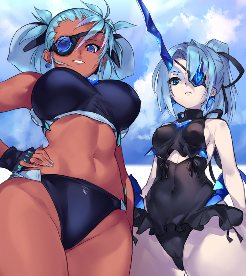 2girls alternate_costume bare_shoulders bikini black_bikini blue_eyes blue_hair blue_nails blush breasts casual_one-piece_swimsuit closed_mouth cloud cloudy_sky commentary_request covered_navel dark-skinned_female dark_skin day earrings eyepatch frills from_below groin hand_on_own_hip highres horns jewelry long_hair looking_at_viewer looking_down medium_breasts multiple_girls nail_polish navel negresco nintendo one-piece_swimsuit one_eye_covered open_mouth outdoors pale_skin praxis_(xenoblade) short_hair sideboob simple_background single_horn sky smile swimsuit theory_(xenoblade) twintails white_background xenoblade_chronicles_(series) xenoblade_chronicles_2