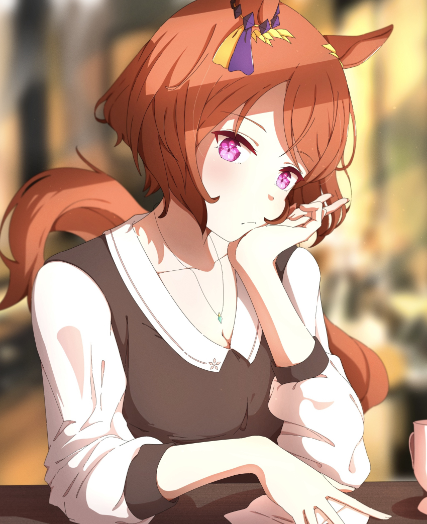 1girl absurdres alternate_costume animal_ears black_vest blurry blurry_background breasts brown_hair cleavage commentary flower_in_eye highres horse_ears horse_girl horse_tail jagili_noe jewelry long_sleeves looking_at_viewer medium_breasts necklace purple_eyes sakura_laurel_(umamusume) shirt short_hair solo swept_bangs symbol_in_eye tail umamusume upper_body vest white_shirt