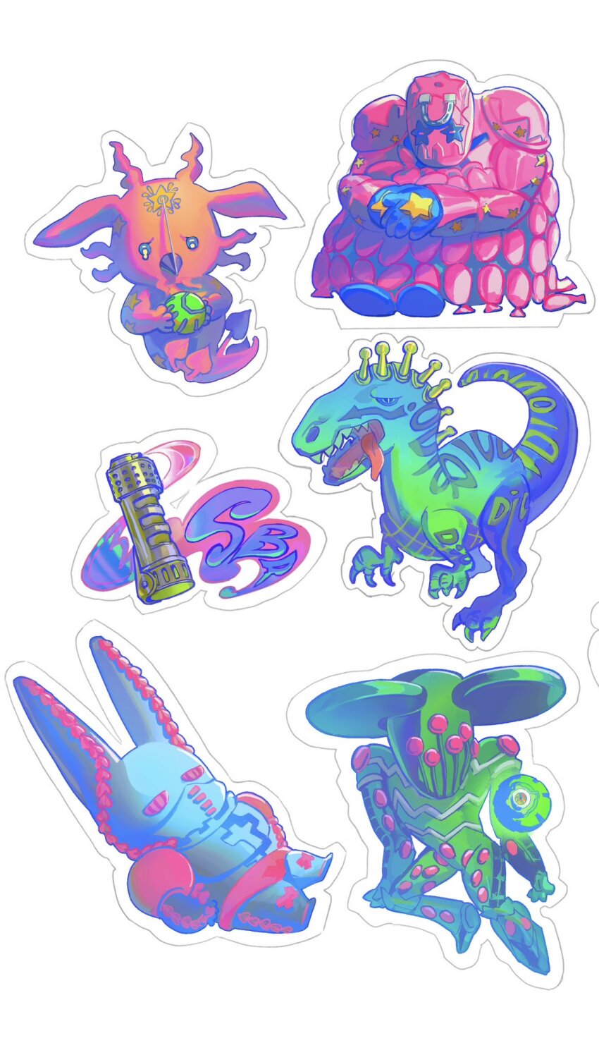 6+others animal_ears ball_breaker_(stand) blue_skin colored_skin compound_eyes cream_starter_(stand) diego_brando dinosaur dirty_deeds_done_dirt_cheap green_skin highres horseshoe_ornament jojo_no_kimyou_na_bouken mask mouth_mask multiple_others panties pink_eyes pink_panties pink_skin rabbit_ears scary_monsters_(stand) stand_(jojo) star_(symbol) star_print steel_ball_(jojo) steel_ball_run sticker tongue tongue_out tusk_(stand) tusk_act1 tusk_act4 underwear uu0000322