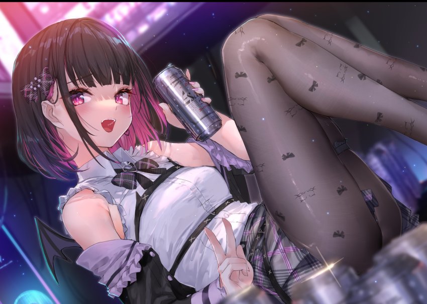 1girl :d akasaai asahi_breweries beer_can black_hair black_jacket black_skirt blurry blurry_foreground blush bow bowtie breasts brown_hair brown_pantyhose can collared_shirt commentary_request drink drink_can dutch_angle feet_out_of_frame fine_fabric_emphasis glint hair_bow hand_up heart highres holding holding_drink indie_virtual_youtuber jacket knees_up light_particles looking_at_viewer medium_breasts miniskirt multicolored_hair off_shoulder open_clothes open_jacket open_mouth pantyhose pink_eyes pink_hair plaid_bow plaid_bowtie plaid_clothes plaid_skirt rikotan_(vtuber) shirt short_hair sitting skirt sleeveless sleeveless_shirt smile solo streaked_hair teeth thigh_strap two-tone_hair two-tone_skirt upper_teeth_only v virtual_youtuber white_shirt wings