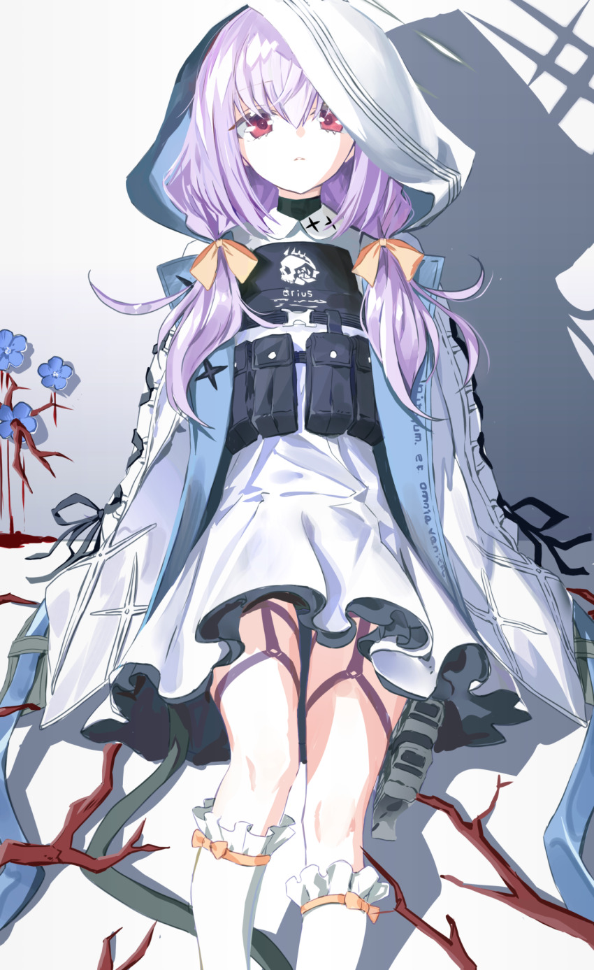 1girl atsuko_(blue_archive) blue_archive blue_flower braid dress feet_out_of_frame flower frilled_socks frills hair_between_eyes halo highres hood hood_up hooded_jacket jacket kneehighs long_hair long_sleeves looking_at_viewer open_clothes open_jacket parted_lips purple_hair red_eyes ryoma_(rym_369) socks solo twin_braids white_dress white_jacket white_socks