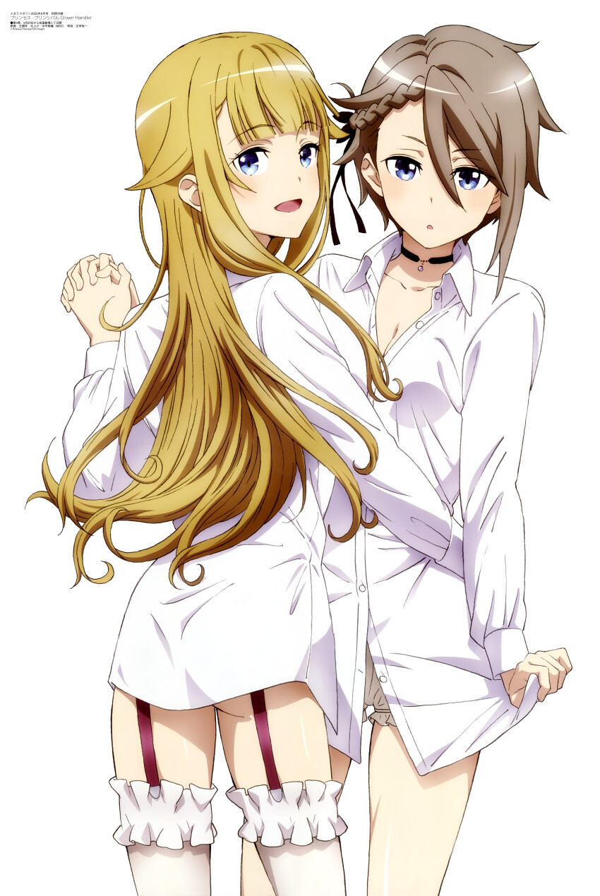 2girls absurdres ange_(princess_principal) ass black_choker blonde_hair blue_eyes braid breasts brown_hair choker cleavage collarbone collared_shirt garter_straps hair_flaps highres holding_hands long_hair long_sleeves looking_at_viewer looking_back magazine_scan megami_magazine multiple_girls official_art open_mouth princess_(princess_principal) princess_principal scan shirt short_hair simple_background small_breasts smile thighhighs thighs white_background white_shirt white_thighhighs yuri
