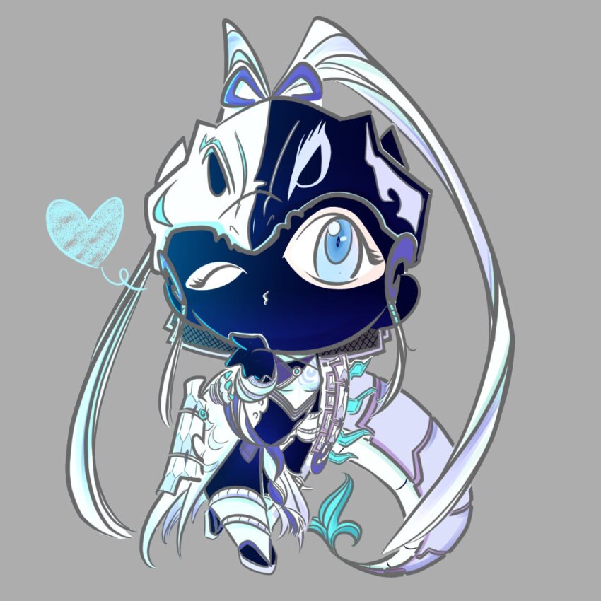 1girl armor artist_name artist_request black_bodysuit blowing_kiss blue_eyes bodysuit breasts chibi dragon_girl dragon_mask dragon_tail faced_masked female_focus grey_background heart helmet long_hair looking_at_viewer mask masked_face one_eye_closed purple_skirt sandals skirt small_breasts swordsoul_(yu-gi-oh!) swordsoul_of_mo_ye tail white_hair yu-gi-oh!