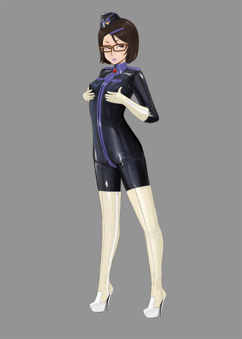1girl bodysuit boots brown_eyes brown_hair glasses high_heel_boots high_heels highres komii latex latex_bodysuit latex_boots mole mole_under_eye short_hair skin_tight stiletto_boots stiletto_heels thigh_boots thighhighs