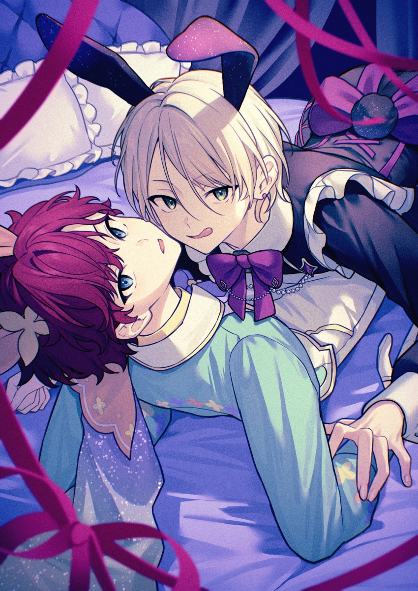 2boys :q amagi_hiiro animal_ears arm_support bishounen black_shirt blonde_hair blue_eyes blue_shirt blurry boy_on_top collar curtains depth_of_field earrings ensemble_stars! fake_animal_ears fake_tail film_grain frilled_sleeves frills green_eyes hair_between_eyes hand_on_another&#039;s_arm highres jewelry lapel_chain long_sleeves looking_at_viewer looking_back lq_saku lying male_focus multiple_boys official_alternate_costume on_back on_bed pants parted_lips pillow pink_ribbon rabbit_ears rabbit_tail reclining red_hair ribbon shiratori_aira_(ensemble_stars!) shiratori_aira_(stormcloud_fumble)_(ensemble_stars!) shirt short_hair sleeveless sleeveless_shirt stud_earrings tail tongue tongue_out white_collar white_pants yaoi