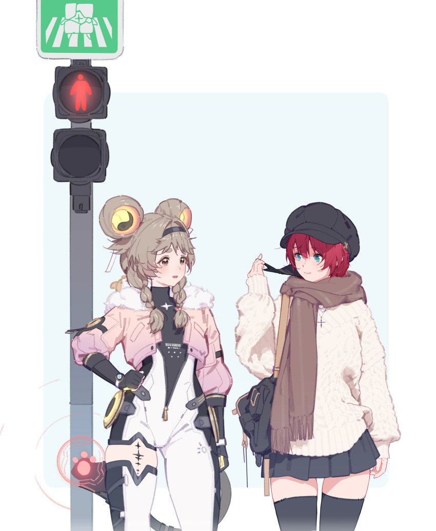 2girls :d absurdres adjusting_mask alternate_costume bag black_bag black_bodysuit black_gloves black_hat black_skirt blue_background blue_eyes body_markings bodysuit bodysuit_under_clothes boots border braid brown_hair brown_scarf chinese_commentary commentary contemporary cowboy_shot cropped_jacket cross cross_necklace crosswalk_sign danjin_(wuthering_waves) eye_contact fingerless_gloves fur-trimmed_jacket fur_trim gloves hair_between_eyes hair_ears hair_intakes hair_over_shoulder hairband hand_on_own_hip hat highres jacket jewelry long_hair long_sleeves looking_at_another looking_to_the_side lumi_(wuthering_waves) mask mechanical_tail miniskirt mouth_mask multiple_girls necklace open_clothes open_jacket open_mouth outside_border pedestrian_lights pink_jacket pleated_skirt red_eyes red_hair scarf short_eyebrows shoulder_bag simple_background single_leg_bodysuit single_thigh_boot skindentation skirt sleeves_past_wrists smile sweater tacet_mark_(wuthering_waves) tail thigh_boots thigh_gap thighhighs twin_braids two-tone_bodysuit white_bodysuit white_border white_footwear white_sweater white_thighhighs wuthering_waves xini_m yin_yang_hair_ornament zettai_ryouiki