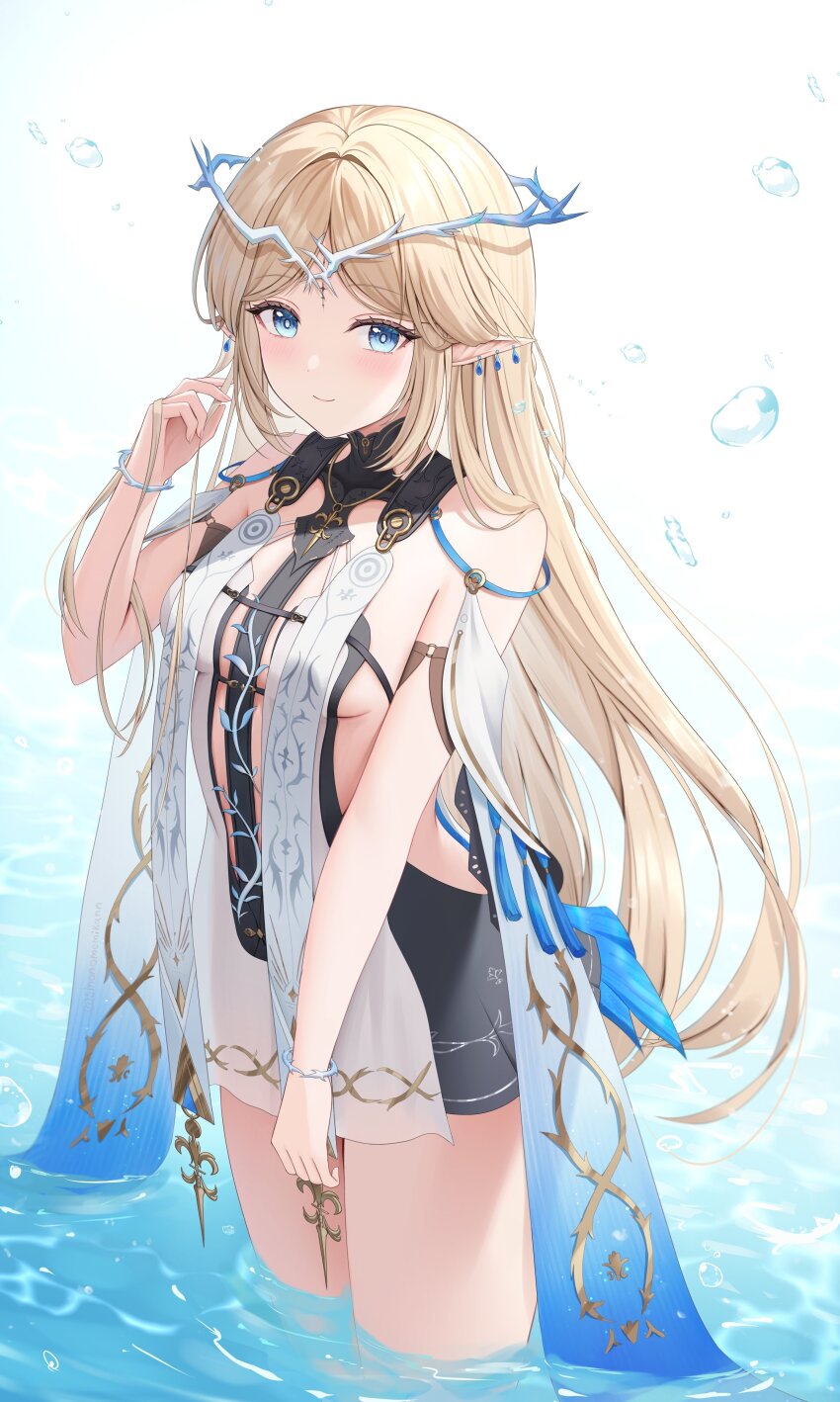 1girl absurdres bare_shoulders black_collar black_dress blonde_hair blue_eyes breasts bubble cartethyia_(wuthering_waves) closed_mouth collar commentary cowboy_shot crown_of_thorns dress earrings hand_up highres jewelry light_blush long_hair looking_at_viewer pointy_ears sinonomemikann small_breasts smile solo tabard tacet_mark_(wuthering_waves) very_long_hair wading water white_tabard wuthering_waves