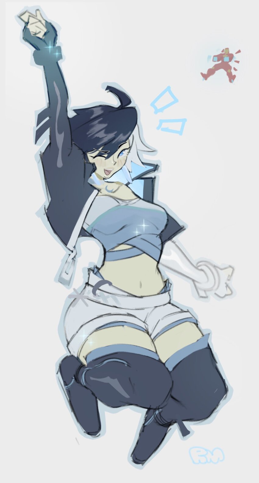 1boy 1girl avengers_(series) black_hair black_jacket blue_eyes breasts choker crop_top fingerless_gloves gloves highres iron_man jacket looking_at_viewer luna_snow marvel marvel_rivals midriff multicolored_armor multicolored_hair open_mouth rebreesomart short_hair shorts smile split-color_hair two-tone_hair white_hair