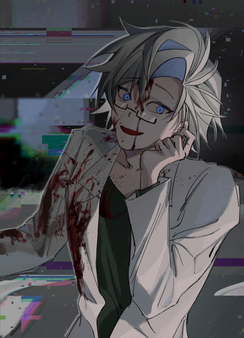 1boy absurdres baobing black-framed_eyewear blood blood_on_clothes blood_on_face blue_eyes chinese_commentary commentary_request glasses glitch green_shirt highres kanou_aogu lab_coat lapels long_sleeves male_focus notched_lapels open_clothes open_mouth rectangular_eyewear saibou_shinkyoku semi-rimless_eyewear shirt short_hair smile solo upper_body white_hair