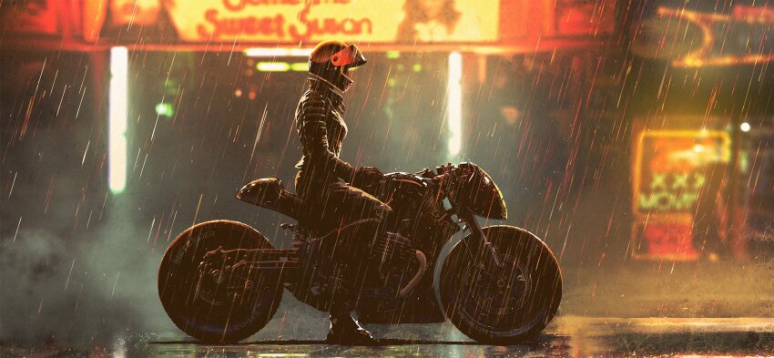 1girl batman_(series) black_gloves black_jacket black_pants blurry blurry_background boots breasts concept_art dark_foreground dc_comics from_side full_body gloves helmet highres jacket joe_studzinski leather leather_jacket leg_up medium_breasts motor_vehicle motorcycle motorcycle_helmet neon_lights night official_art on_motorcycle outdoors pants profile rain selina_kyle solo standing standing_on_one_leg steam the_batman_(2022) unused_tire