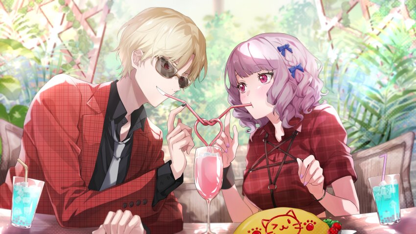 1boy 1girl absurdres bendy_straw blush breasts commentary_request commission couple crazy_straw cup dating drink drinking drinking_glass drinking_straw eye_contact grey_hair hair_ornament heart_straw hetero highres hino_h large_breasts looking_at_another mole mole_under_eye nijisanji online_character_(gta_v) open_mouth purple_eyes shared_drink shared_straw sharing sharing_food smile sukoya_kana table virtual_youtuber
