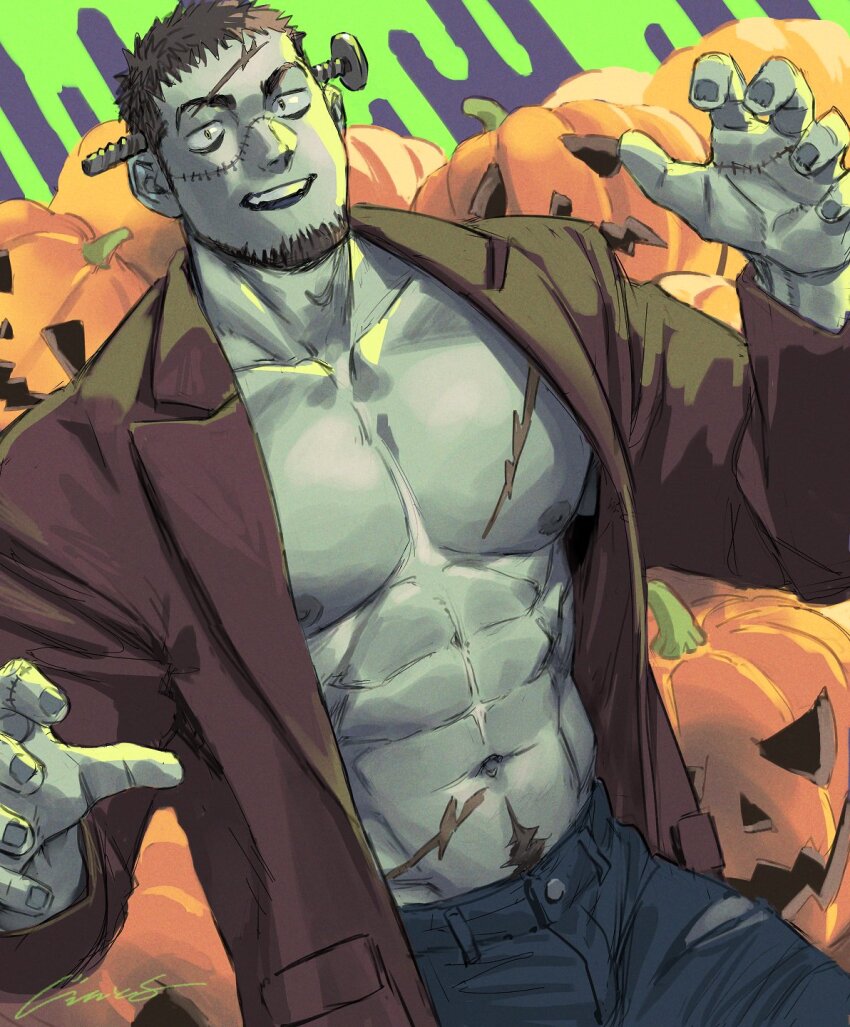 1boy abs bara beard blazer blue_pants brown_hair brown_jacket chinstrap_beard claw_pose collarbone colored_skin commentary cosplay denim denim_shorts facial_hair frankenstein&#039;s_monster frankenstein&#039;s_monster_(cosplay) gentle2nd grey_skin highres jack-o&#039;-lantern jacket large_pectorals looking_at_viewer male_focus muscular muscular_male navel_hair nipples object_through_head open_clothes open_jacket original pants pectorals scar scar_on_chest scar_on_face scar_on_forehead scar_on_hand scar_on_stomach screw_in_head short_hair shorts signature solo symbol-only_commentary teeth upper_teeth_only