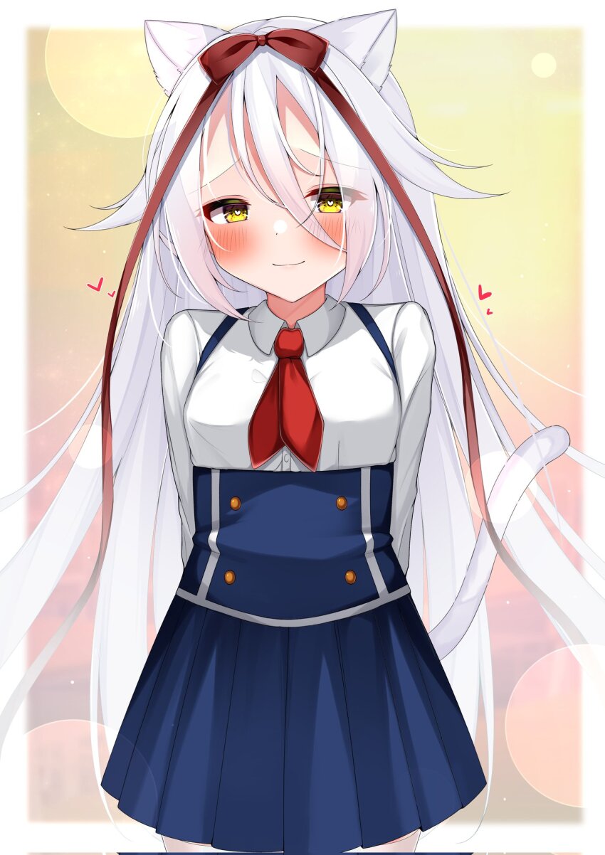 1girl :3 animal_ears arms_behind_back blue_skirt blush bow breasts cat_ears cat_girl cat_tail closed_mouth colored_eyelashes commentary_request commission cowboy_shot eyelashes eyes_visible_through_hair furrowed_brow hair_between_eyes hair_bow hair_ribbon half-closed_eyes heart heart-shaped_pupils high-waist_skirt highres hoshizora_no_memoria lens_flare long_hair looking_at_viewer mare_s._ephemeral neckerchief red_bow red_neckerchief red_ribbon ribbon school_uniform second-party_source simple_background skeb_commission skirt small_breasts smile solo standing straight-on straight_hair suspender_skirt suspenders symbol-shaped_pupils tail very_long_hair white_hair white_tail yellow_eyes yosh1na