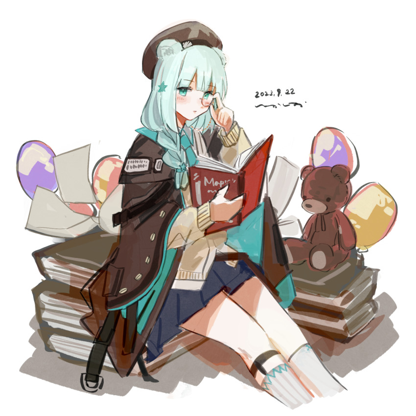 1girl adjusting_eyewear animal_ears aqua_eyes aqua_hair aqua_necktie arknights balloon bear_ears beret blue_skirt blush book book_stack braid brown_cloak brown_hat cardigan cloak commentary_request cropped_legs dated hat highres holding holding_book holding_weapon istina_(arknights) k-yosinori looking_at_viewer monocle necktie one-hour_drawing_challenge open_book paper parted_lips pleated_skirt shadow short_hair side_braid signature simple_background sketch skirt solo stuffed_animal stuffed_toy teddy_bear weapon white_background yellow_cardigan