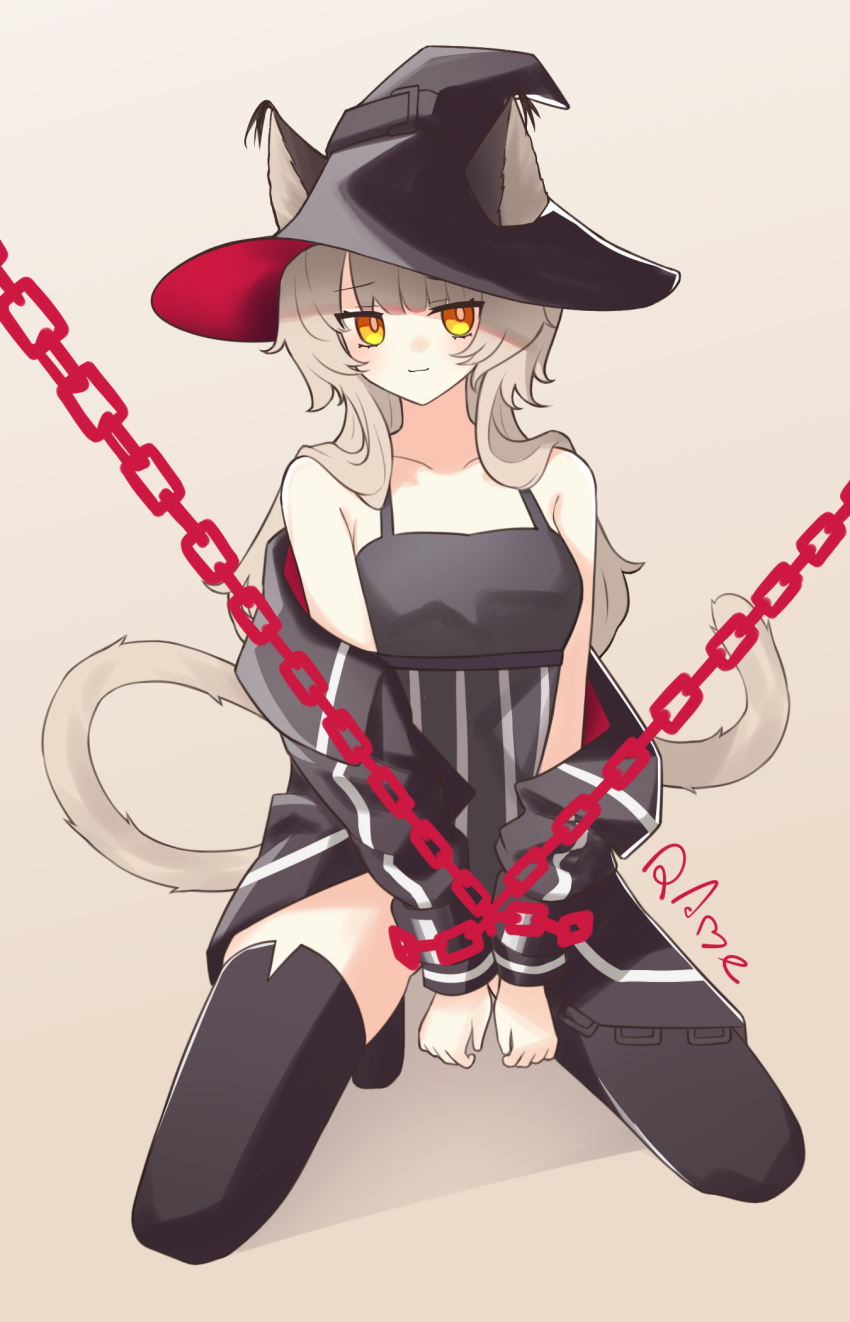 1girl animal_ears arknights bare_shoulders black_boots black_dress black_hat black_jacket blush boots bound bound_wrists breasts brown_background brown_hair cat_ears cat_girl cat_tail chain closed_mouth collarbone commentary_request dress ears_through_headwear hat haze_(arknights) highres jacket jiuyu_qame kneeling long_hair long_sleeves looking_at_viewer off_shoulder open_clothes open_jacket orange_eyes puffy_long_sleeves puffy_sleeves signature simple_background sleeveless sleeveless_dress small_breasts smile solo striped_clothes striped_dress tail thigh_boots vertical-striped_clothes vertical-striped_dress witch_hat