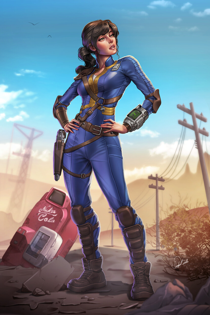 1girl blue_sky boots brown_hair bush cloud douglas_bicalho elbow_pads fallout fallout_(prime_video) gun handgun hands_on_own_hips highres knee_pads looking_to_the_side lucy_mcmillan nuka_cola pip_boy ponytail power_lines road ruins single_vambrace sky solo vambraces vault_suit vending_machine weapon wrist_computer