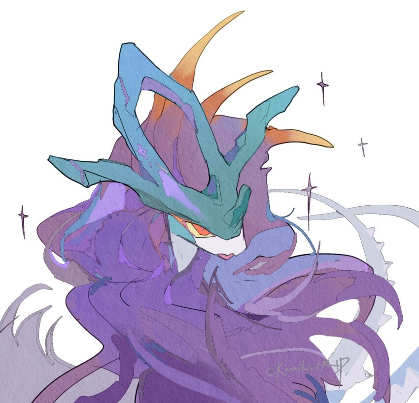 blue_skin colored_sclera colored_skin highres kamikiririp nintendo no_humans open_mouth orange_eyes original pokemon purple_hair solo upper_body walking_wake white_background yellow_sclera