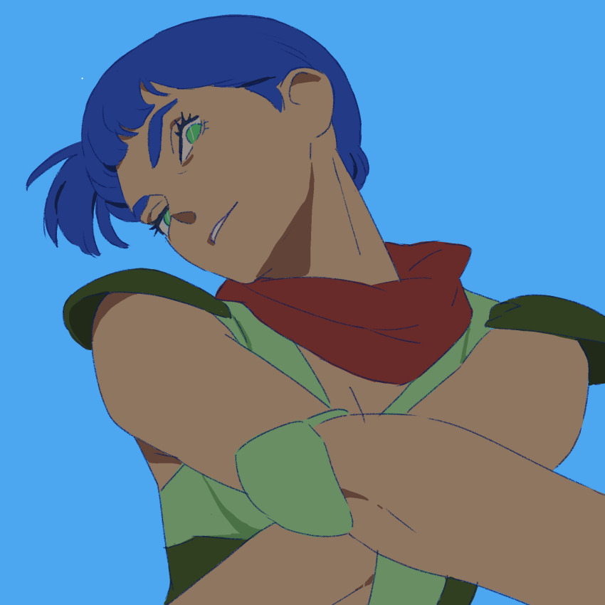 1girl 55bata6rou blue_background blue_eyes blue_hair crossed_arms green_eyes green_shirt head_tilt highres looking_at_viewer rag_uralo red_scarf scarf sentou_mecha_xabungle shirt short_hair side_ponytail simple_background smile solo upper_body