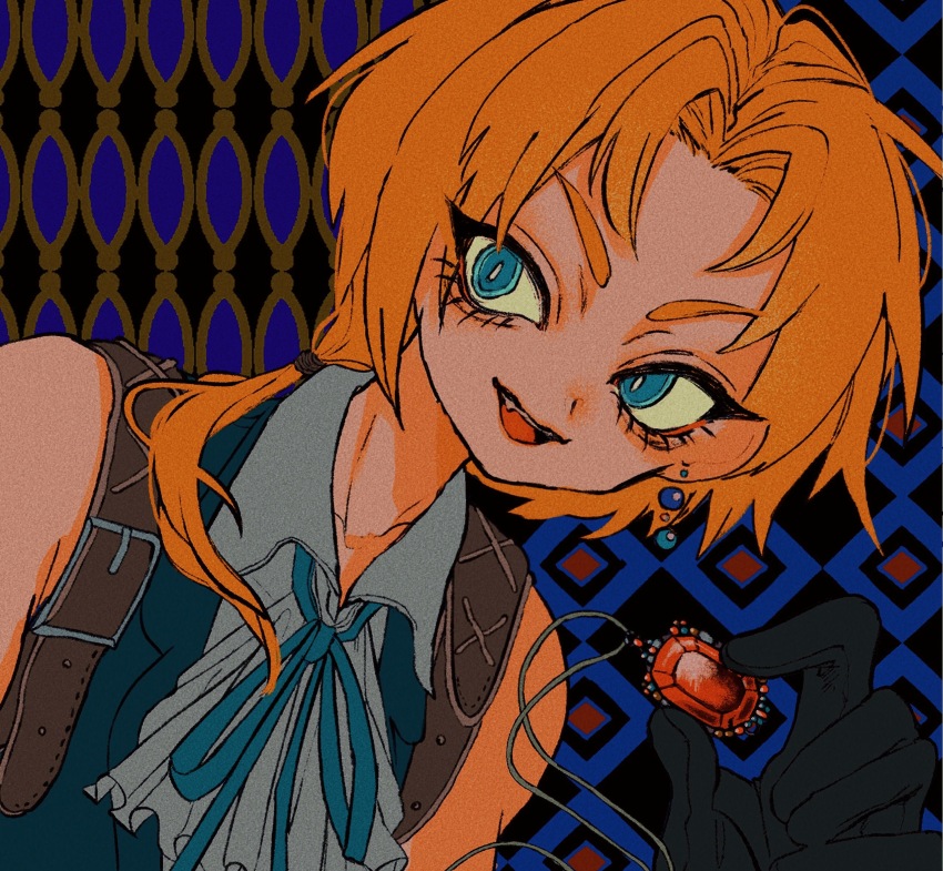 1boy aqua_eyes aqua_ribbon aqua_vest ascot bare_shoulders black_gloves blonde_hair curtained_hair eyes_visible_through_hair fang film_grain final_fantasy final_fantasy_ix gem gloves grey_ascot grey_shirt highres holding holding_jewelry holding_necklace jewelry long_hair looking_to_the_side male_focus nayo_(kr_000515) neck_ribbon necklace parted_bangs ponytail portrait red_gemstone ribbon shirt shoulder_belt smile solo zidane_tribal