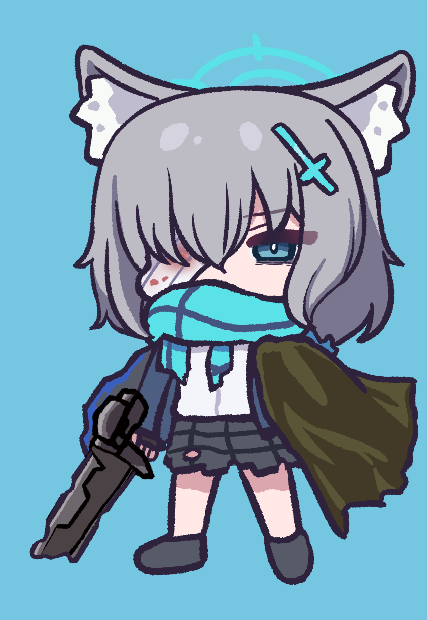 1girl absurdres animal_ear_fluff animal_ears bandage_over_one_eye beam_rifle black_shoes black_skirt blood blue_archive blue_background blue_eyes blue_hair blue_halo blue_jacket blue_scarf bright_pupils brown_cloak chibi chibi_only cloak commentary_request cosplay cross cross_hair_ornament energy_gun exia_repair full_body grey_hair gun gundam gundam_00 gundam_exia gundam_exia_(cosplay) hair_between_eyes hair_ornament halo highres holding holding_gun holding_weapon inverted_cross jacket medium_hair open_clothes open_jacket panatisia scarf school_uniform shiroko_(blue_archive) shirt shoes simple_background skirt solo standing torn_clothes torn_skirt weapon white_pupils white_shirt wolf_ears