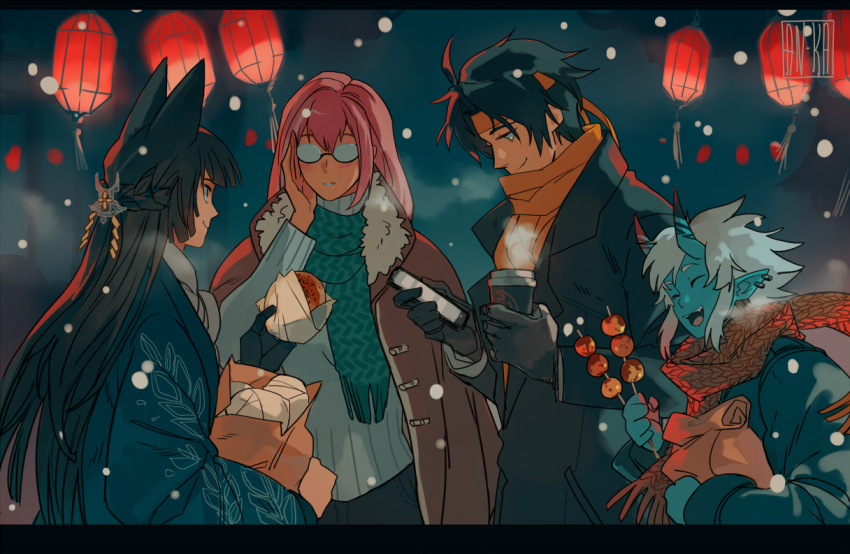 1boy 3girls animal_ears anpan aqua_jacket aqua_scarf asaba_harumasa bag black_coat black_gloves black_hair blue_horns blue_oni blue_skin blunt_bangs braid brown_coat brown_scarf coat colored_skin cup disposable_coffee_cup disposable_cup earrings food fox_ears fox_girl glasses gloves green_jacket hair_between_horns half_up_braid headband holding holding_cup holding_phone holding_skewer horns hoshimi_miyabi jacket jacket_on_shoulders jewelry kaa05n2 lantern long_hair long_sleeves multicolored_horns multiple_girls night oni open_mouth paper_bag paper_lantern phone pink_hair pointy_ears scarf single_glove skewer smile snow soukaku_(zenless_zone_zero) sweater tsukishiro_yanagi two-tone_horns white_hair white_scarf white_sweater winter yellow_headband yellow_scarf zenless_zone_zero