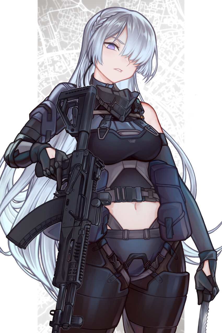 1girl ak-15 ak-15_(girls&#039;_frontline) assault_rifle breasts defy_(girls&#039;_frontline) frown girls&#039;_frontline gloves green_hair gun highres holding holding_gun holding_knife holding_weapon honi_(ohohoni) kalashnikov_rifle knife large_breasts long_hair map map_background mask mask_around_neck midriff one_eye_covered purple_eyes rifle tactical_clothes very_long_hair weapon