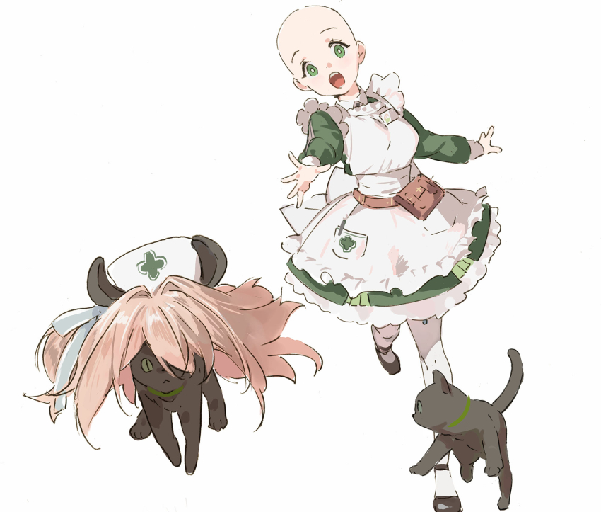 1girl :o apron baby_bean_(nimi_nightmare) bald belt_pouch black_cat black_shoes bright_pupils brown_hair cat chasing collared_dress commentary dress english_commentary frilled_apron frilled_dress frills full_body green_dress green_eyes hat highres indie_virtual_youtuber name_tag nimi_nightmare nurse nurse_cap one_side_up pako_(pakosun) pantyhose pouch revision shoes simple_background solo unworn_wig virtual_youtuber white_apron white_background white_pantyhose white_pupils wig