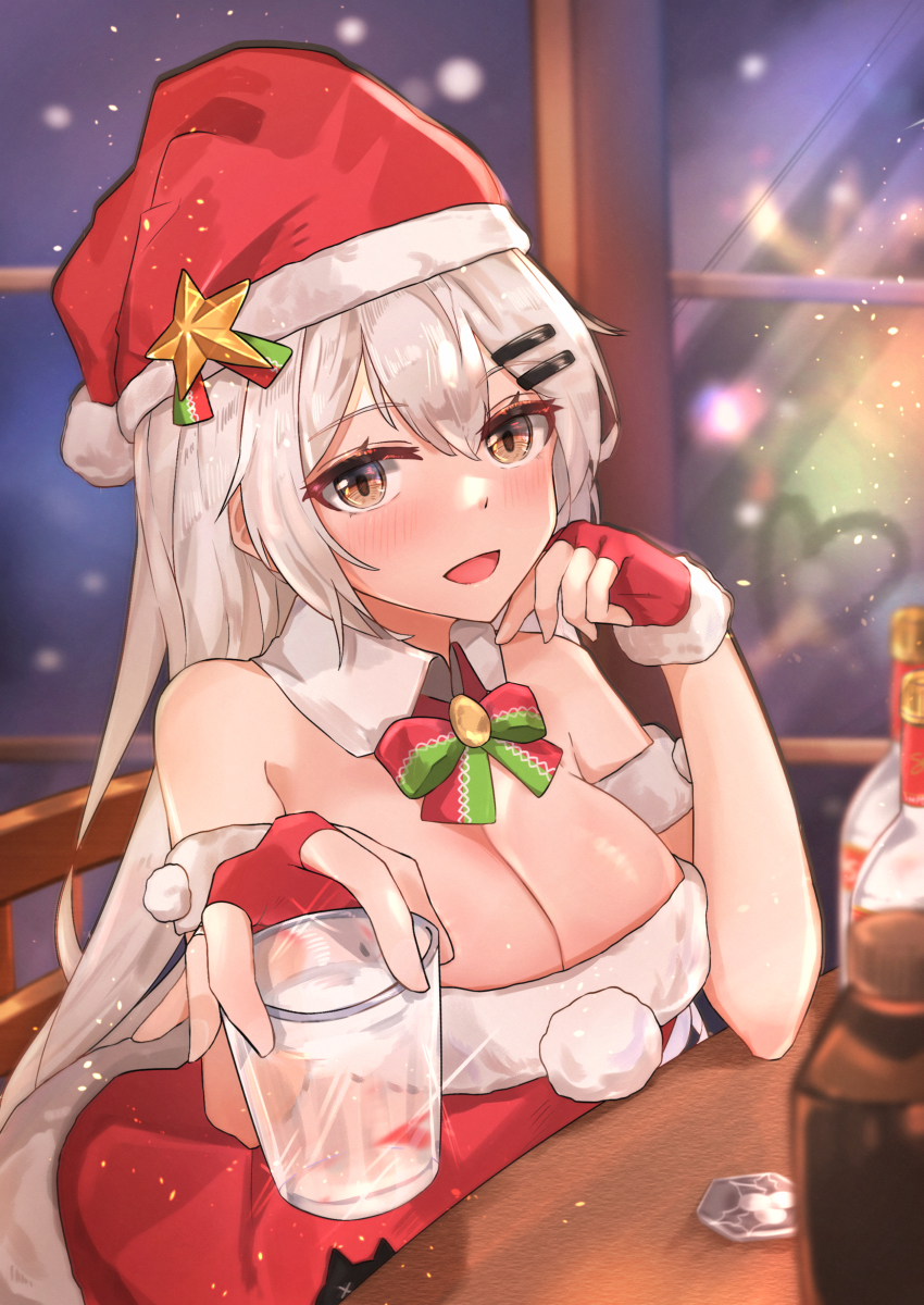 1girl absurdres alcohol bare_shoulders blush bottle bow bowtie breasts christmas cleavage cup dress fingerless_gloves fluff girls&#039;_frontline gloves grey_eyes hair_ornament hairclip hand_on_own_chin hat highres holding holding_cup long_hair looking_at_viewer medium_breasts merry_christmas muteppona_hito new_year official_alternate_costume open_mouth red_dress red_gloves red_hat santa_costume santa_dress santa_hat silver_hair sitting smile solo stolichnaya_(vodka) svd_(girls&#039;_frontline) table vodka window