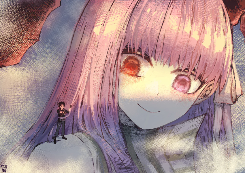 1boy 1girl absurdres black_shirt cloud cloudy_sky curled_horns fate/grand_order fate_(series) fujimaru_ritsuka_(male) fujimaru_ritsuka_(male)_(polar_chaldea_uniform) giant giantess grabbing_another&#039;s_hair heterochromia highres holding_another&#039;s_hair horns kingprotea_(fate) kingprotea_(third_ascension)_(fate) long_horns ootato person_on_shoulder purple_eyes purple_hair red_eyes shirt short_hair sky smile