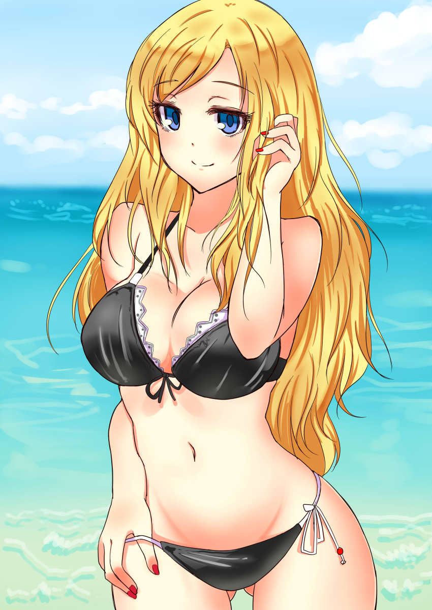 1girl absurdres beach bikini blonde_hair blue_eyes blush breasts cleavage cloud day female_focus front-tie_top highres large_breasts long_hair looking_at_viewer nail_polish navel nickq ocean original outdoors side-tie_bikini_bottom sky smile solo swimsuit thigh_gap water