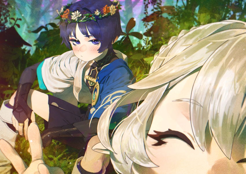 1boy 1girl alternate_headwear aranara_(genshin_impact) arm_on_knee armor black_bodysuit black_bridal_gauntlets black_leggings black_shorts blue_cape blue_gemstone blue_sleeves blunt_ends blush bodysuit bridal_gauntlets cape closed_eyes closed_mouth elbow_on_knee eyeliner eyeshadow flower flower_wreath forest gem genshin_impact gold gold_ring green_hair hair_intakes hakama hakama_shorts half-closed_eyes half_crown_braid highres japanese_armor japanese_clothes kimono kote kuriki_art kurokote layered_sleeves leg_warmers leggings looking_at_another makeup mandarin_collar middle_ring multicolored_hair nahida_(genshin_impact) nature open_clothes open_hands open_kimono outdoors parted_bangs pleated_shorts pointy_ears purple_eyes purple_flower purple_hair red_eyeliner red_eyeshadow scaramouche_(genshin_impact) selfie short_sleeves shorts shoulder_peek sitting streaked_hair v vision_(genshin_impact) wanderer_(genshin_impact) white_flower white_hair white_kimono white_leg_warmers white_sleeves white_trim wispy_bangs