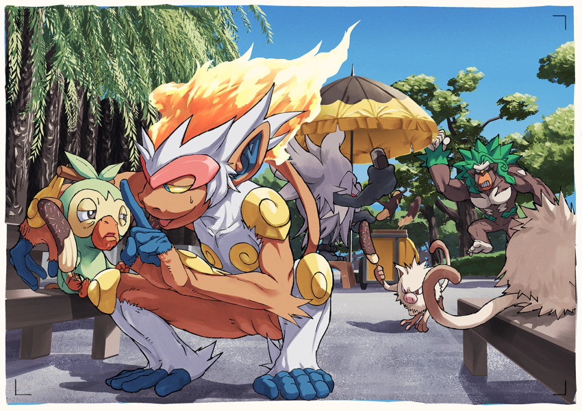 annihilape arm_up bench border chocolate_banana clear_sky clenched_teeth colored_sclera commentary_request creatures_(company) day food game_freak gen_1_pokemon gen_4_pokemon gen_8_pokemon grookey holding how_long infernape mankey nintendo no_humans open_mouth outdoors pokemon pokemon_(creature) pokemon_focus rillaboom sky standing sweatdrop teeth tree umbrella white_border yellow_sclera
