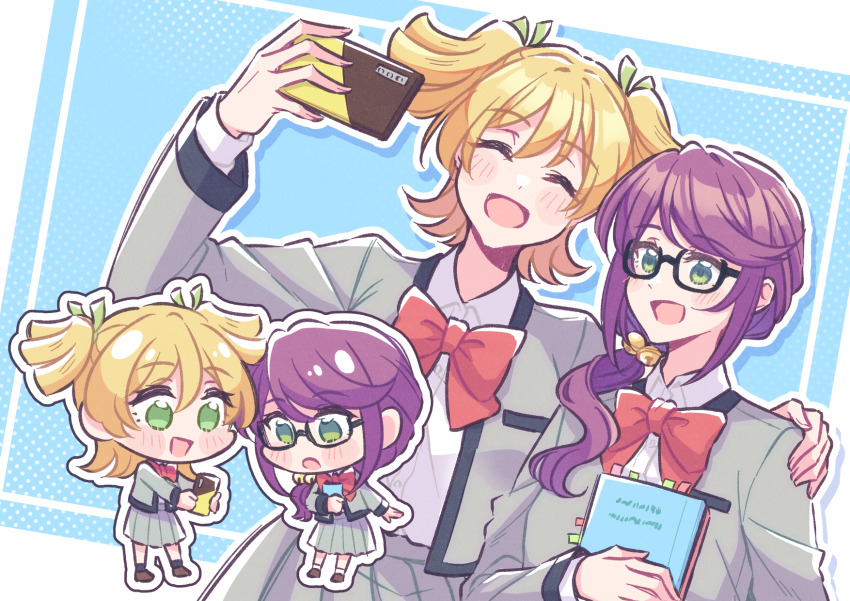 2girls :d :o ^_^ akamirai arm_around_shoulder arm_at_side arm_up bell black-framed_eyewear black_socks blonde_hair blue_background blush book bookmark bow bowtie breast_pocket brown_footwear cellphone chibi closed_eyes collared_shirt commentary daiba_nana full_body glasses green_eyes green_ribbon grey_jacket grey_skirt hair_bell hair_ornament hair_ribbon halftone halftone_background hand_on_another&#039;s_shoulder hand_up hands_up highres holding holding_book holding_phone hoshimi_junna jacket jingle_bell long_hair long_sleeves looking_at_another looking_at_phone low_ponytail miniskirt multiple_girls multiple_views no_pupils open_clothes open_jacket open_mouth outline outstretched_arms phone pleated_skirt pocket ponytail purple_hair red_bow red_bowtie ribbon school_uniform seishou_music_academy_uniform selfie shirt shirt_tucked_in shoes short_hair short_twintails shoujo_kageki_revue_starlight side-by-side side_ponytail skirt smartphone smile socks standing twintails two-tone_background upper_body white_background white_outline white_shirt white_socks
