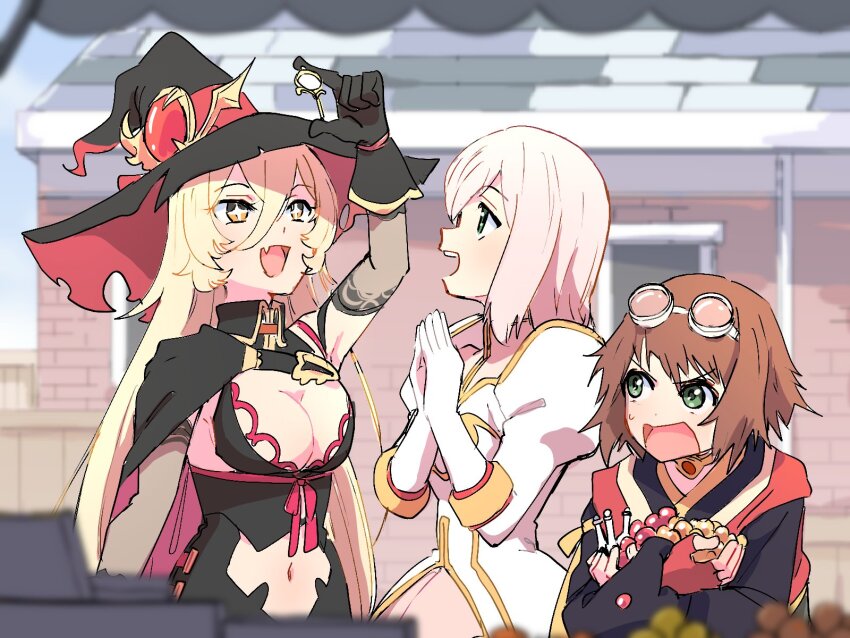 +_+ 3girls azuma_yukihiko black_headwear blonde_hair breasts brown_hair cleavage clothing_cutout crossover elbow_gloves estellise_sidos_heurassein eyewear_on_head fang gloves green_eyes hat highres juliet_sleeves long_hair long_sleeves looking_at_another medium_breasts medium_hair multiple_girls navel navel_cutout nijisanji nui_sociere nui_sociere_(1st_costume) open_mouth outdoors partially_fingerless_gloves pink_hair puffy_sleeves red_gloves rita_mordio round_eyewear skin_fang tales_of_(series) tales_of_vesperia virtual_youtuber witch_hat yellow_eyes
