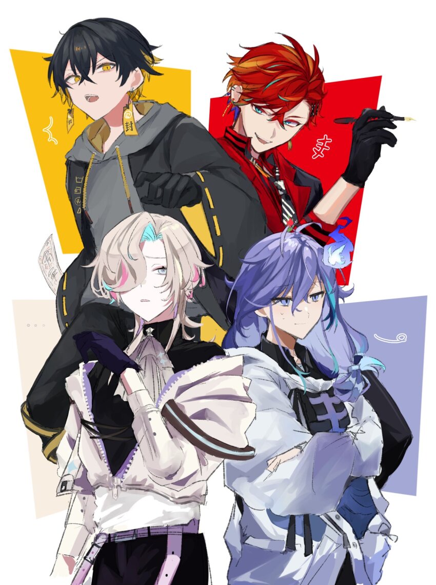 4boys aqua_eyes aqua_hair ascot bishounen black_gloves black_hair black_shirt blonde_hair blue_eyes blue_hair colored_inner_hair crossed_arms earrings gloves gradient_hoodie hair_between_eyes hair_over_one_eye highres hizaki_gamma holding holding_pen holostars jewelry long_hair looking_at_another looking_at_viewer male_focus mg_ytm minase_rio minase_rio_(1st_costume) multicolored_hair multiple_boys necktie open_mouth pen pink_hair purple_eyes purple_hair red_hair shirt short_hair streaked_hair sweatdrop upper_body uproar_(holostars) utsugi_uyu virtual_youtuber white_ascot white_background wide_sleeves yatogami_fuma yellow_eyes