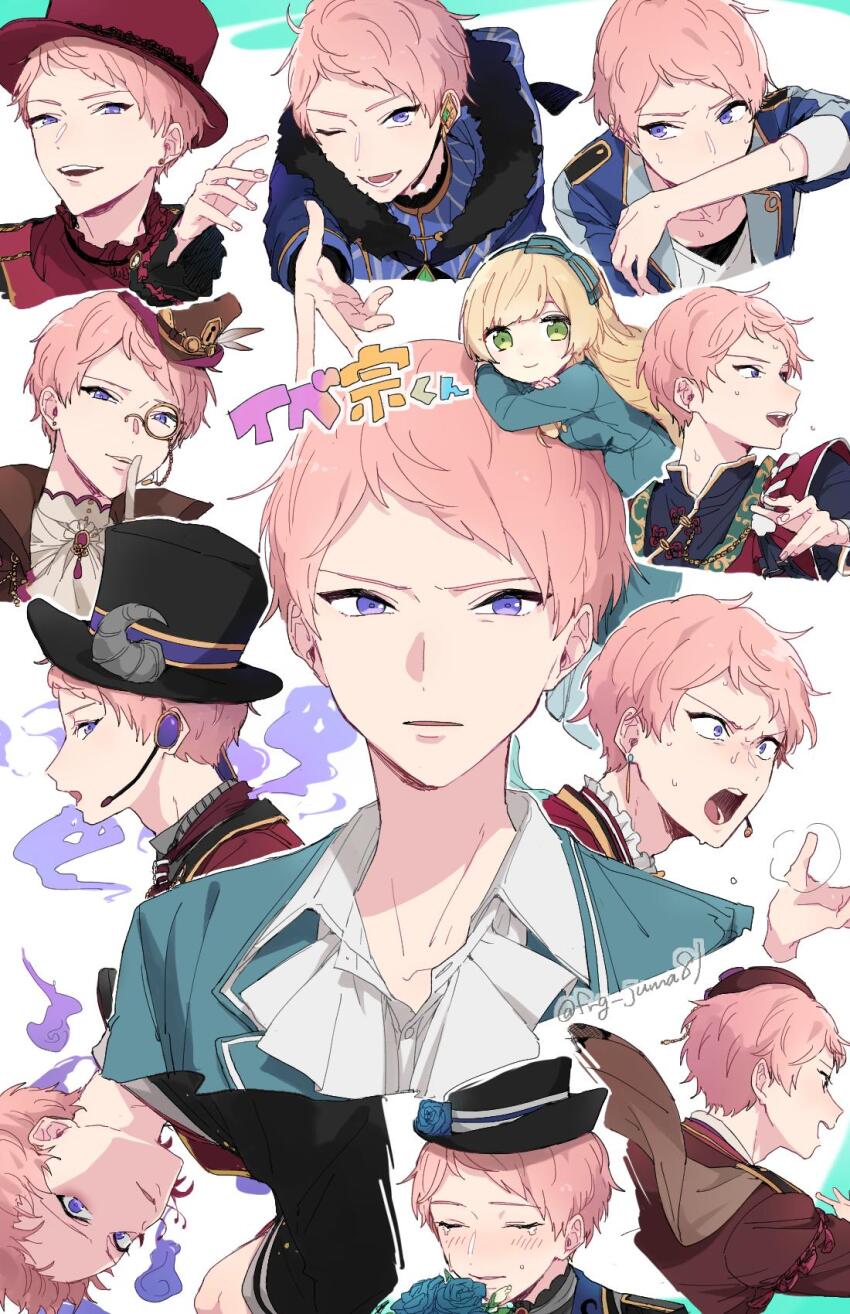 1boy angry asymmetrical_bangs black_headwear blonde_hair blue_flower blue_jacket blush closed_mouth collared_shirt doll ear_piercing ensemble_stars! eyeshadow eyeshadow_under_eye flower fur_collar green_eyes hair_ribbon hand_to_own_mouth hat high_collar highres horns itsuki_shu jacket japanese_text juma_(wolf81gizinka) long_hair long_sleeves lower_teeth_only mademoiselle_(ensemble_stars!) microphone monocle one_eye_closed open_mouth outstretched_arm piercing pink_hair purple_eyes ribbon school_uniform shirt short_hair sweat tears teeth twitter_username upper_teeth_only white_shirt yumenosaki_school_uniform