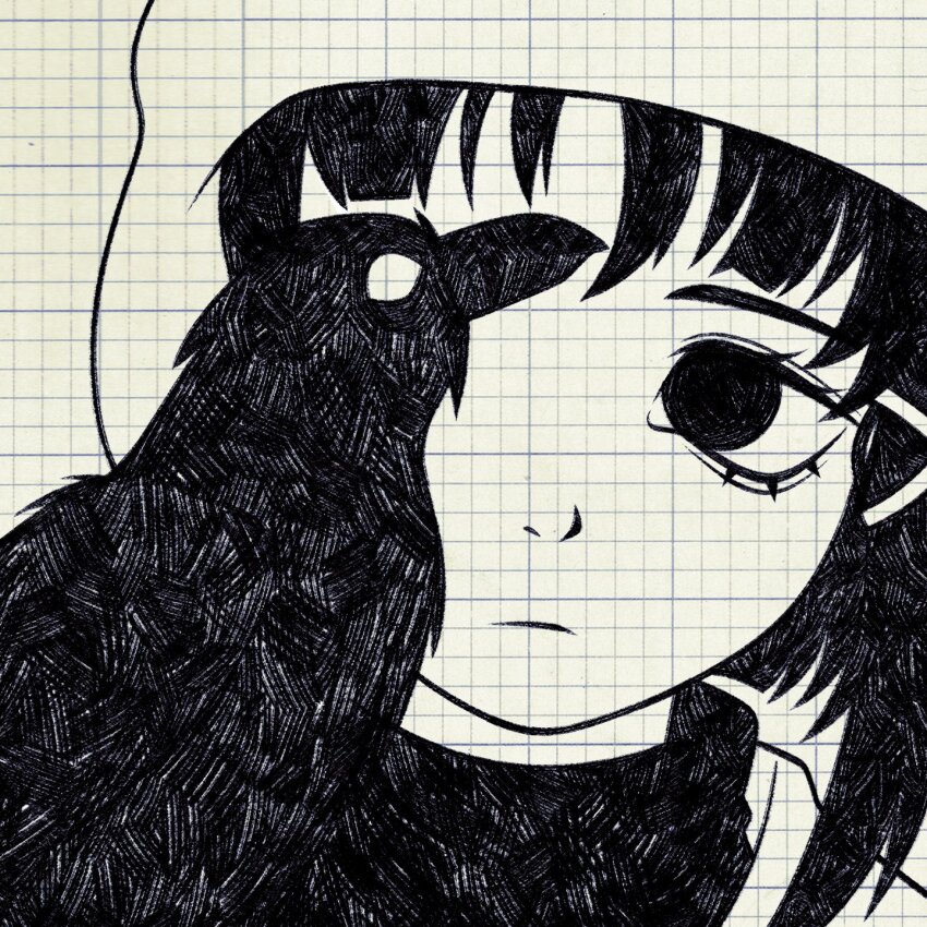 1girl bags_under_eyes beanie bird closed_mouth commentary crow cryptidhermit english_commentary expressionless eyelashes greyscale grid_background hair_ornament hat highres iwakura_lain monochrome one_eye_covered serial_experiments_lain short_hair solo